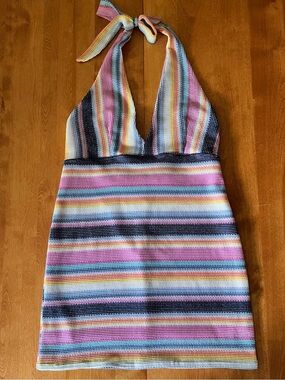 Beautiful Chaos Striped Knit Halter Neck Mini Dress